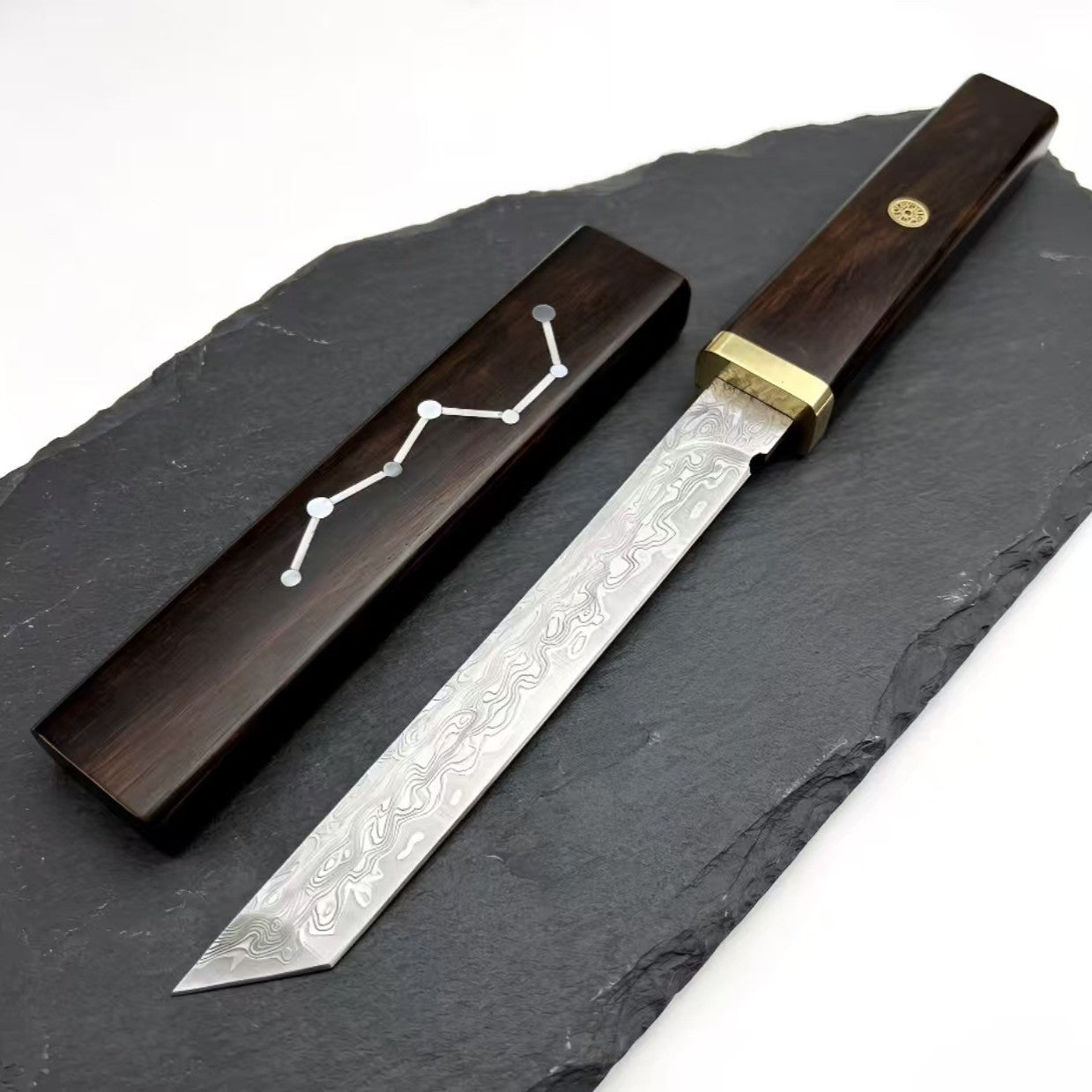 Starfield Constellation Inlay Damascus Fixed Blade Tanto Knife with Ebony Wood Sheath