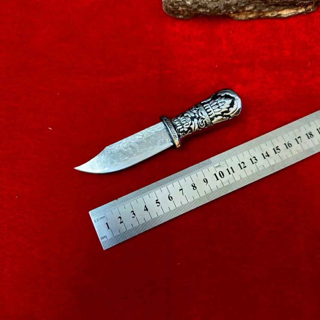 Damascus Engraved Lady Luck Pocket Knife