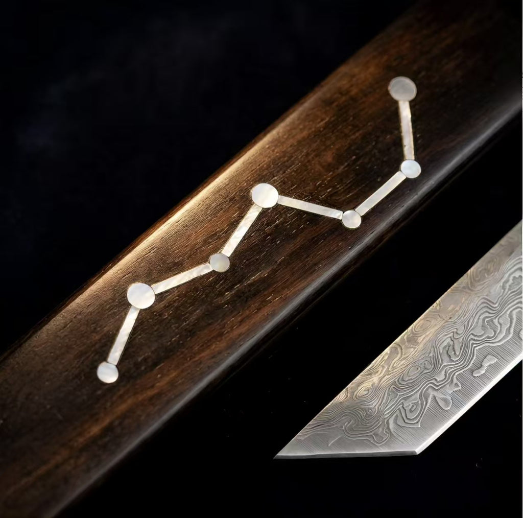 Starfield Constellation Inlay Damascus Fixed Blade Tanto Knife with Ebony Wood Sheath