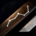 Starfield Constellation Inlay Damascus Fixed Blade Tanto Knife with Ebony Wood Sheath