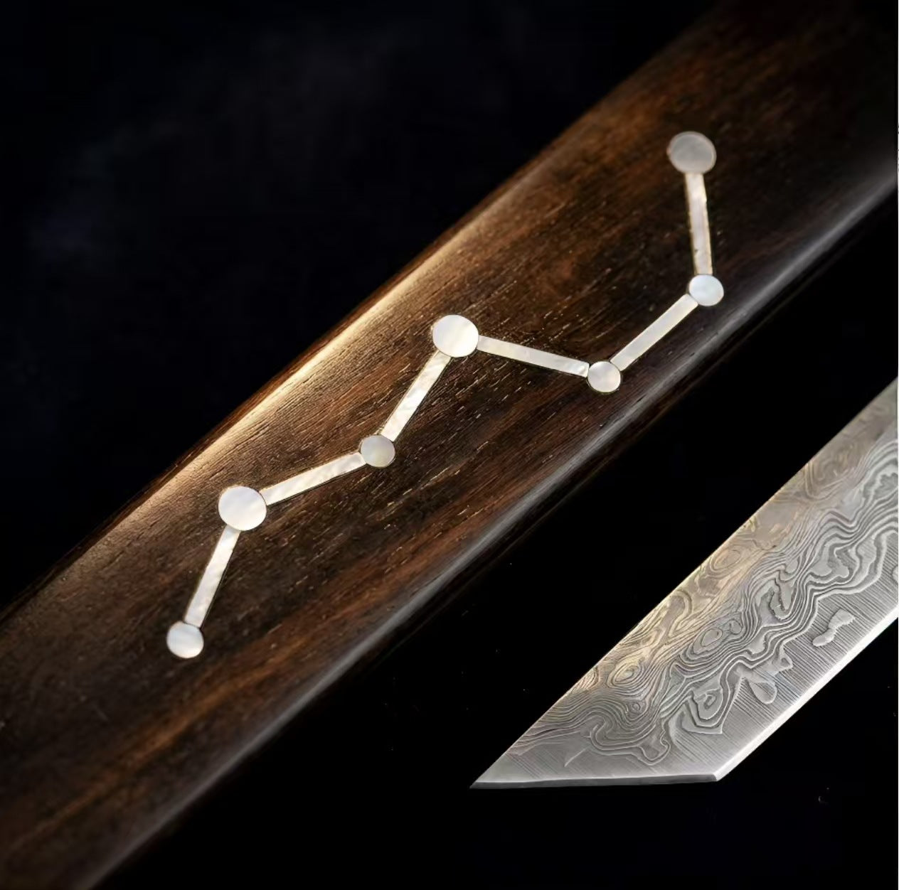 Starfield Constellation Inlay Damascus Fixed Blade Tanto Knife with Ebony Wood Sheath